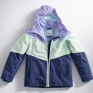 Girls Roxy Colorblock Waterproof Hooded Jacket - Lavender, Mint & Navy